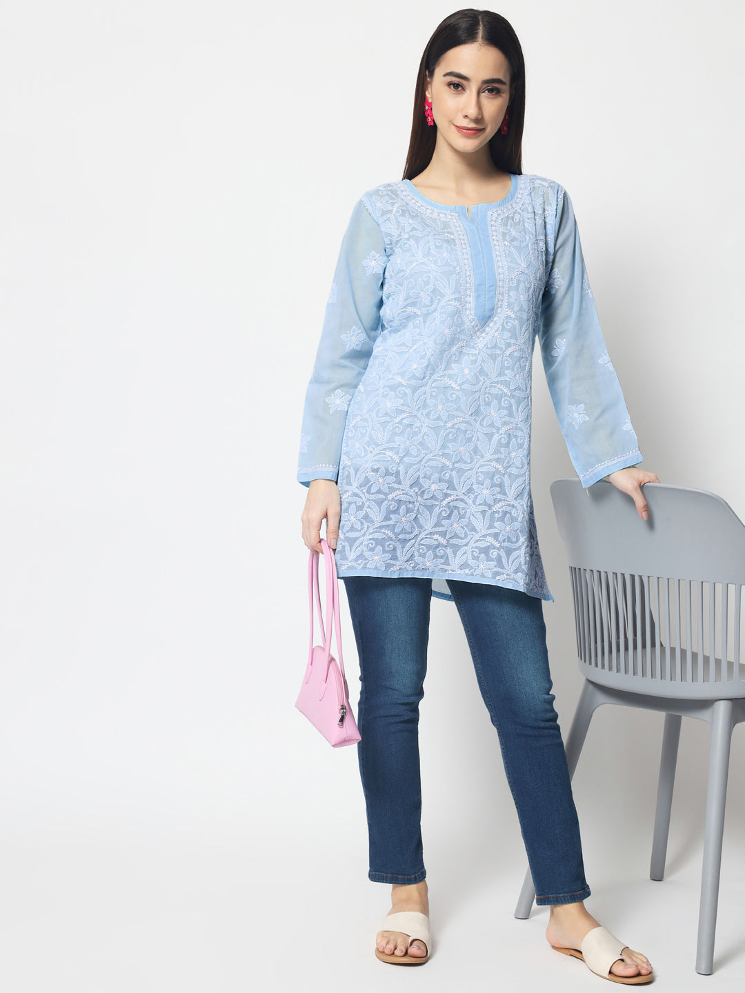 Hand Embroidered Chikankari Cotton Straight Tunic-AL3591 Blue