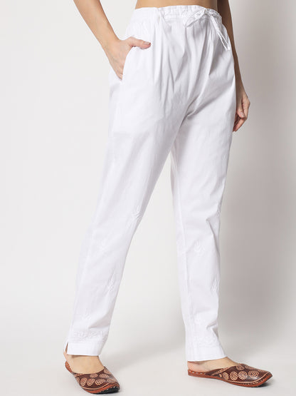 Hand Embroidered Chikankari Women White Pant-AL3597