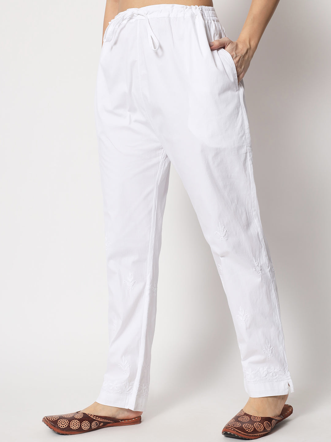 Hand Embroidered Chikankari Women White Pant-AL3597