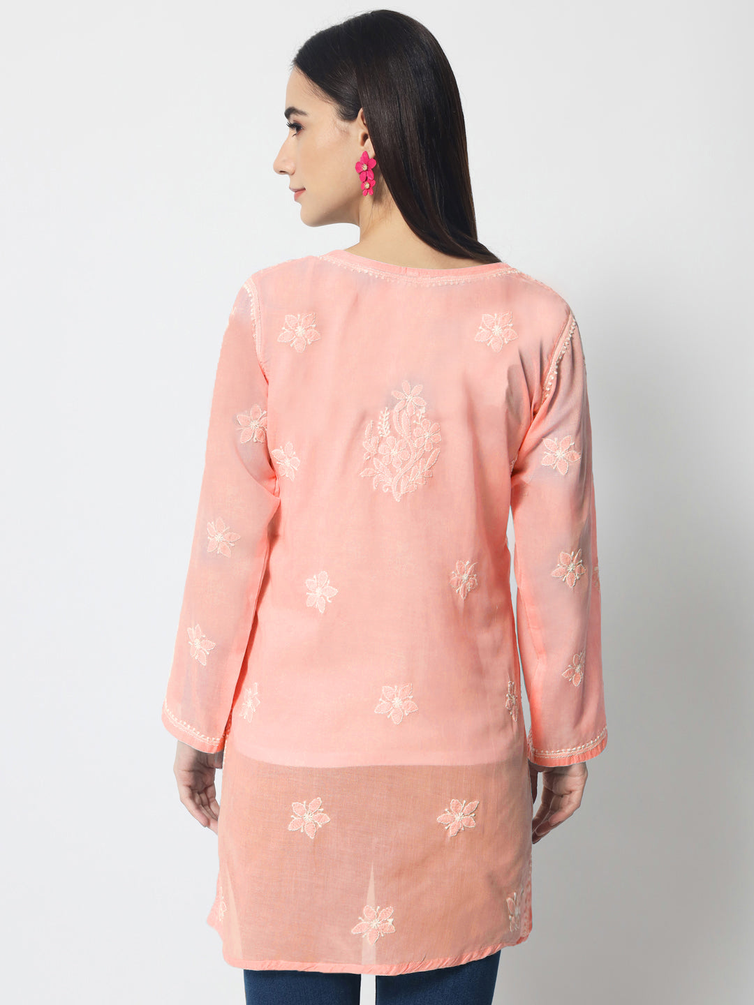 Hand Embroidered Chikankari Cotton Straight Tunic-AL3591 Darkpeach
