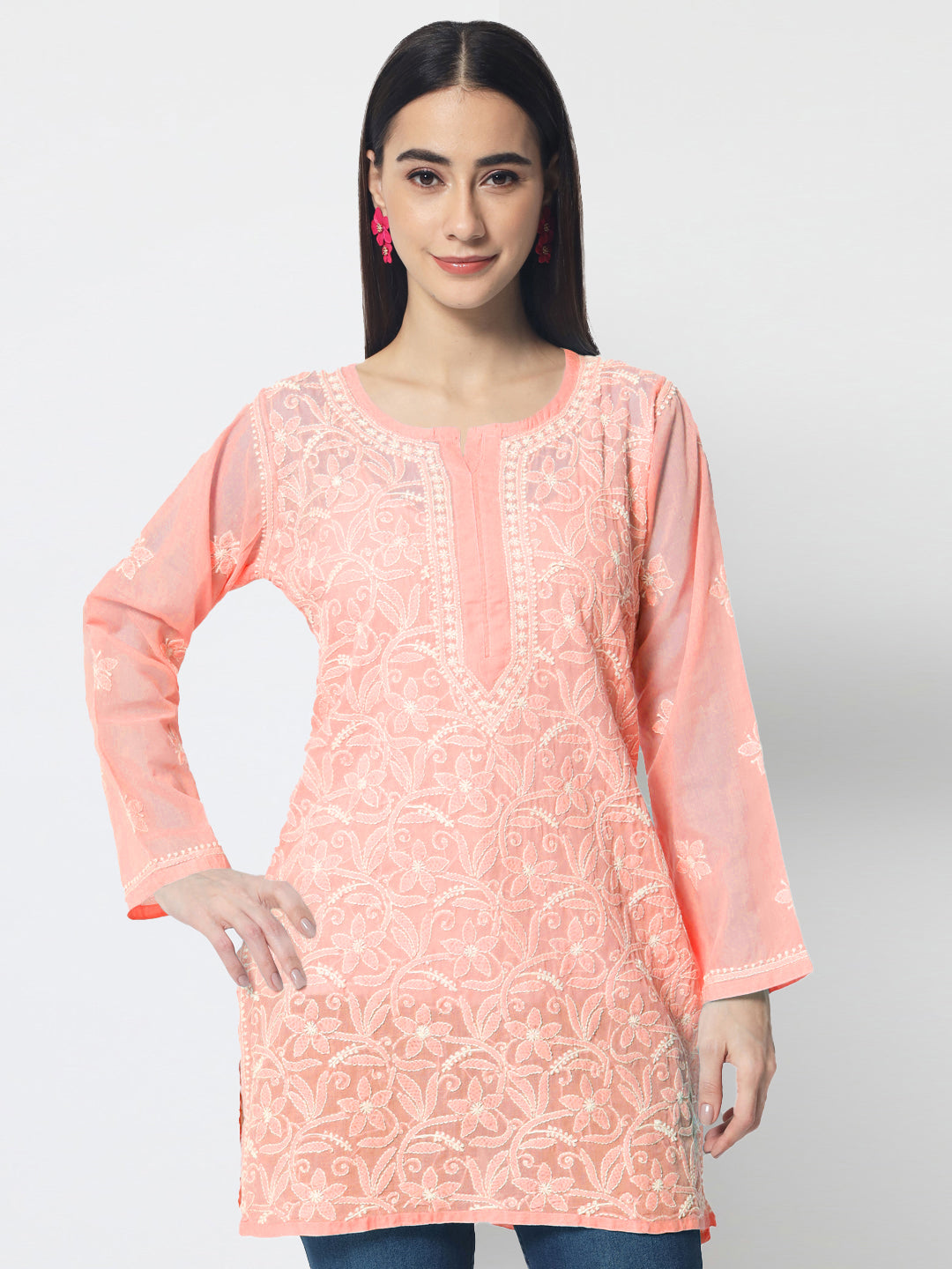Hand Embroidered Chikankari Cotton Straight Tunic-AL3591 Darkpeach