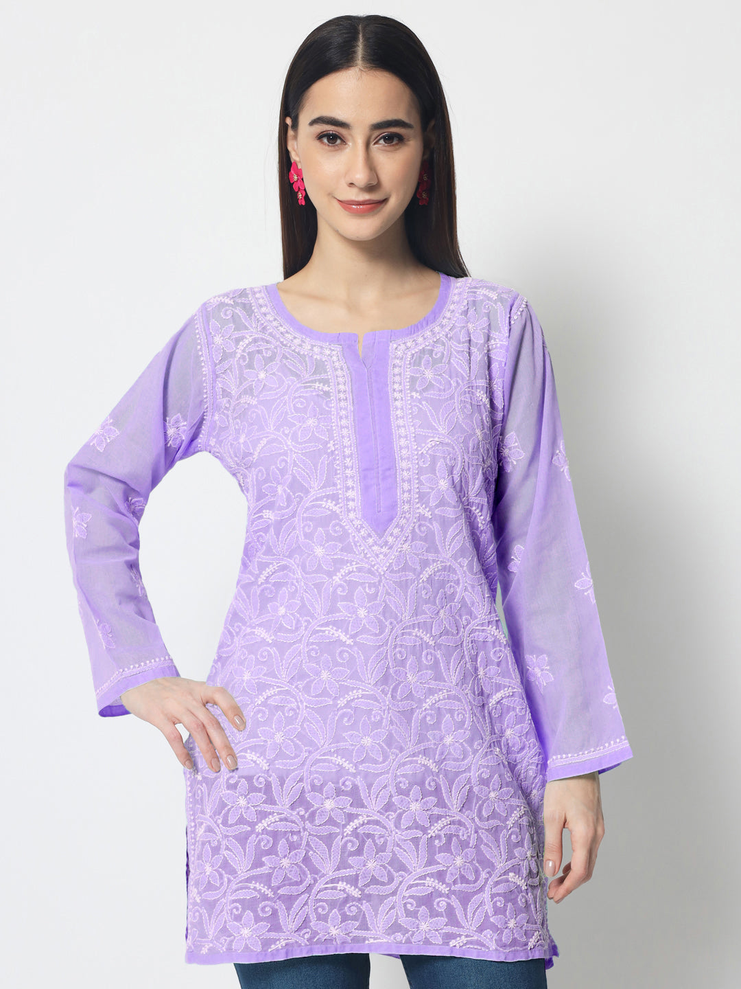 Hand Embroidered Chikankari Cotton Straight Short Kurti-AL3591 Purple