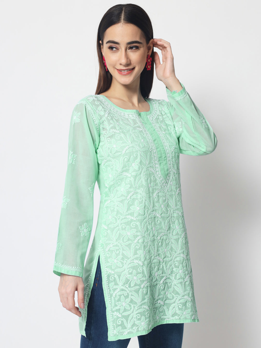 Hand Embroidered Chikankari Cotton Straight Tunic-AL3591 Green