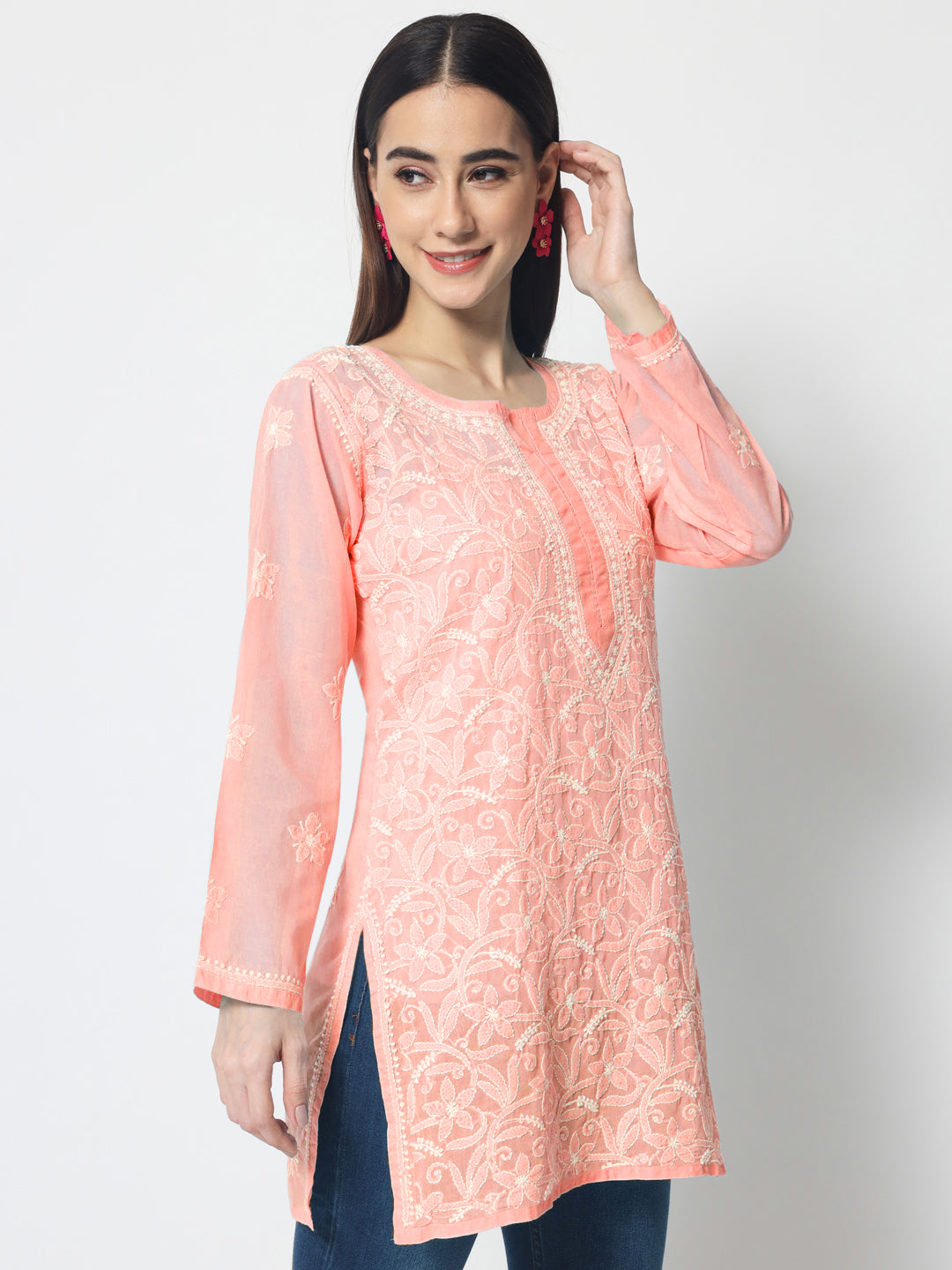 Hand Embroidered Chikankari Cotton Straight Tunic-AL3591 Darkpeach