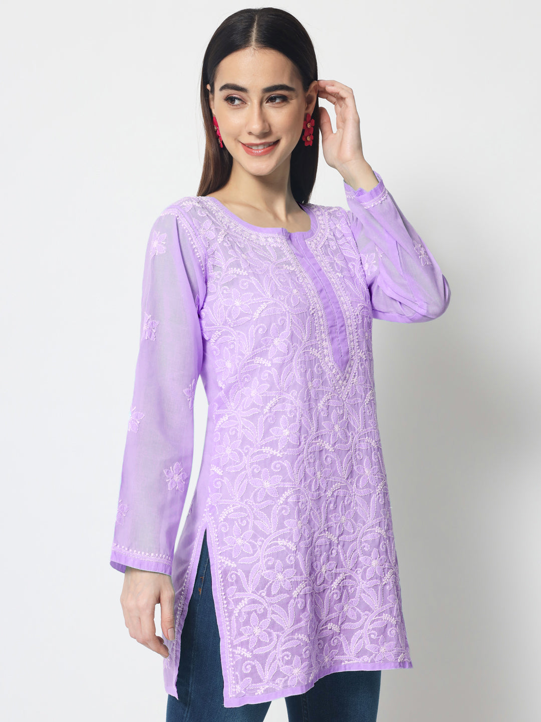 Hand Embroidered Chikankari Cotton Straight Short Kurti-AL3591 Purple