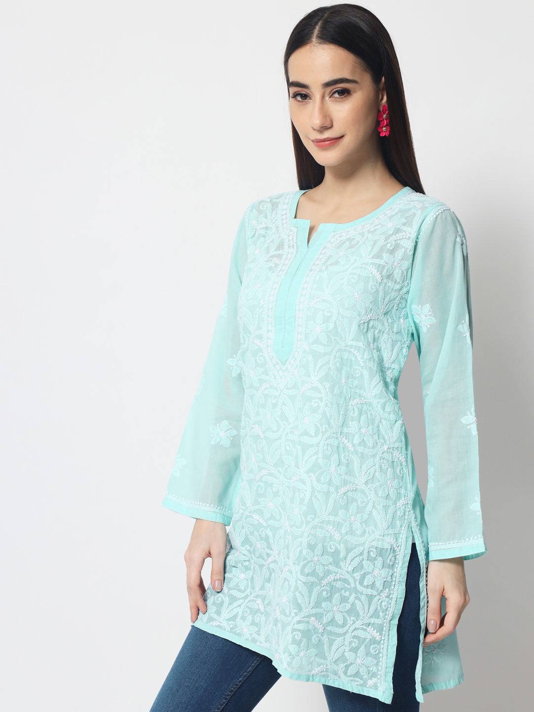 Hand Embroidered Chikankari Cotton Straight Tunic-AL3591 Darkseagreen