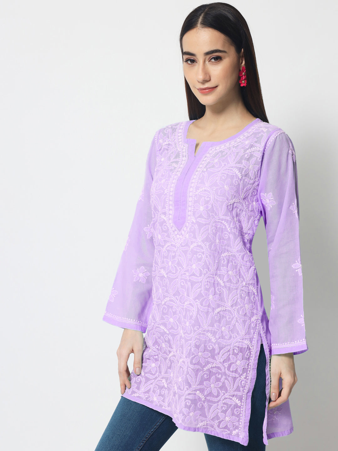 Hand Embroidered Chikankari Cotton Straight Short Kurti-AL3591 Purple