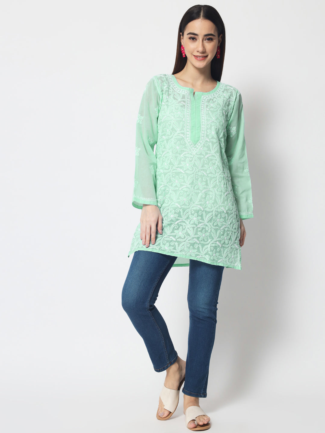 Hand Embroidered Chikankari Cotton Straight Tunic-AL3591 Green