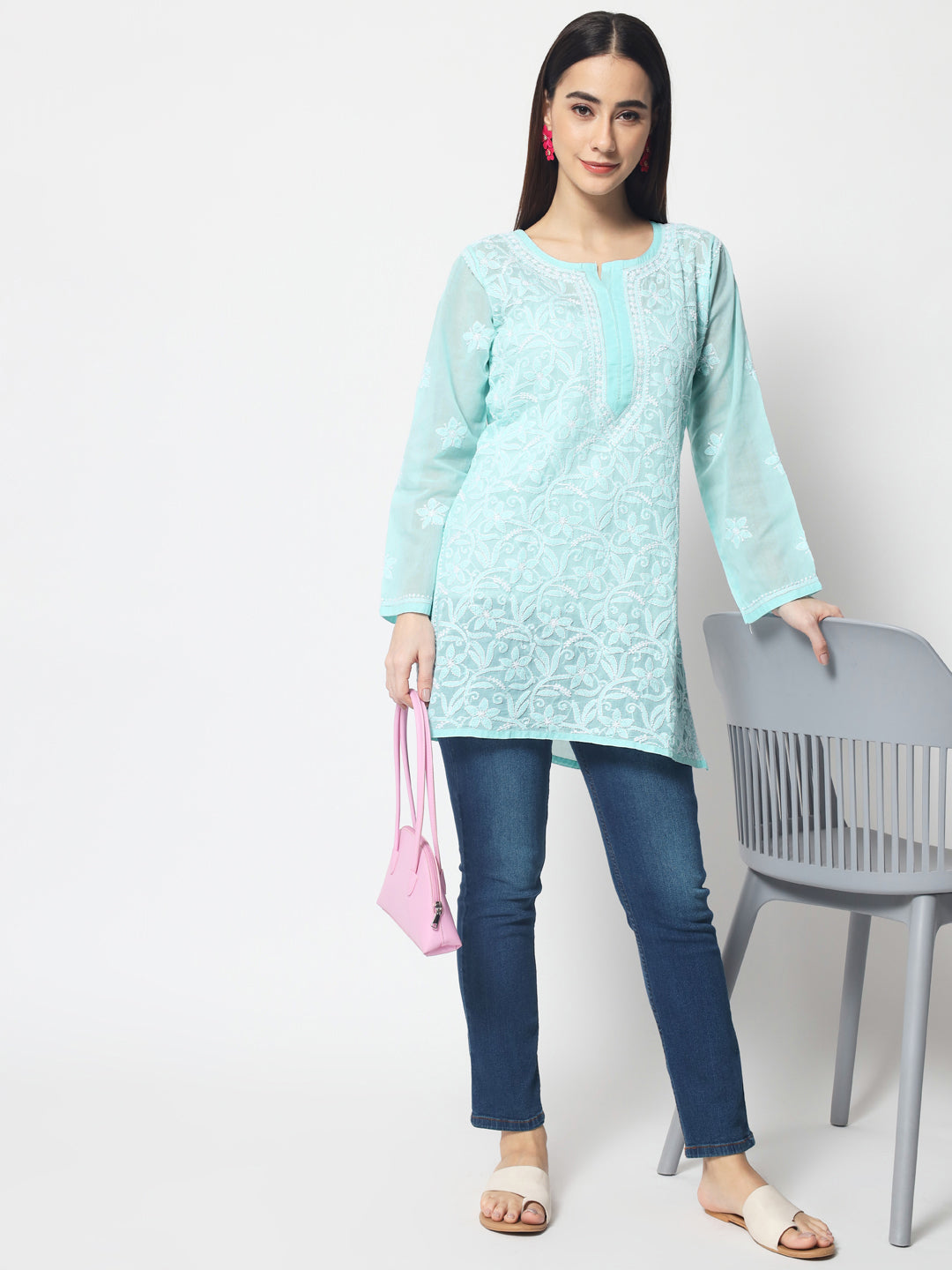 Hand Embroidered Chikankari Cotton Straight Tunic-AL3591 Darkseagreen