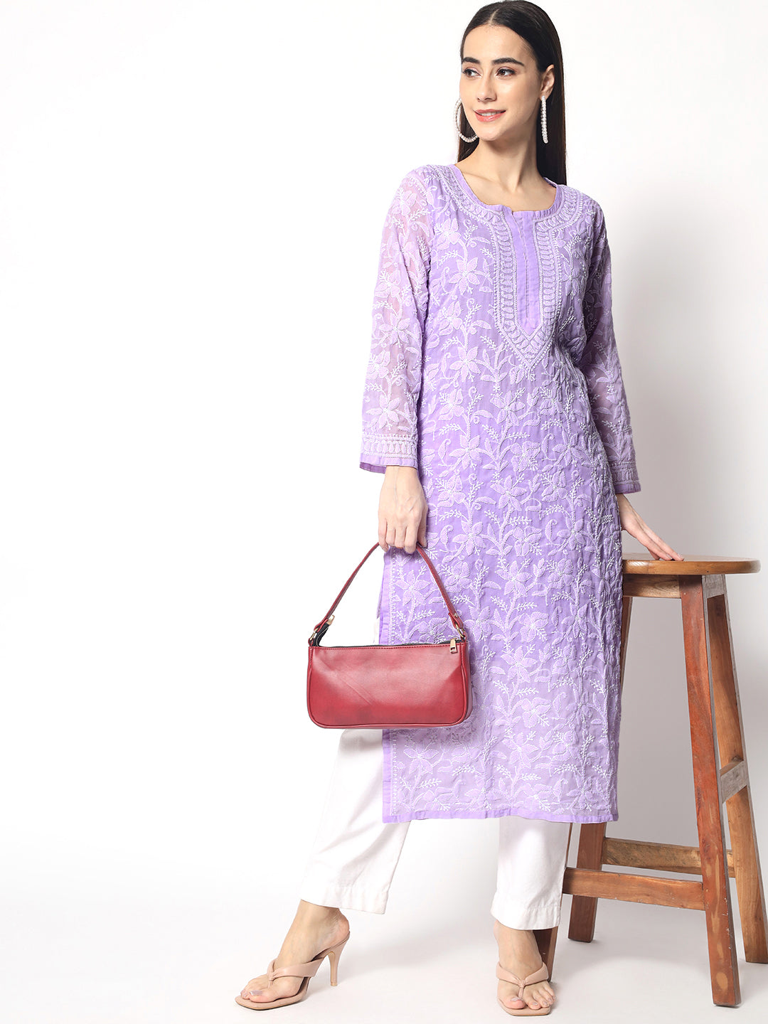 Women Hand Embroidered Chikankari Cotton Straight Kurta- AL3592 Lavender