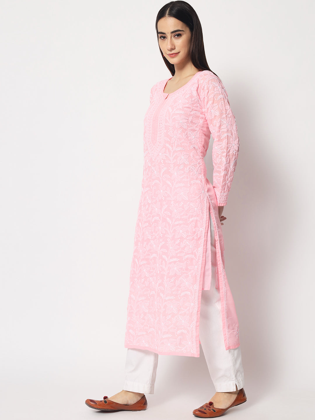Women Hand Embroidered Chikankari Cotton Straight Kurta- AL3592 Pink