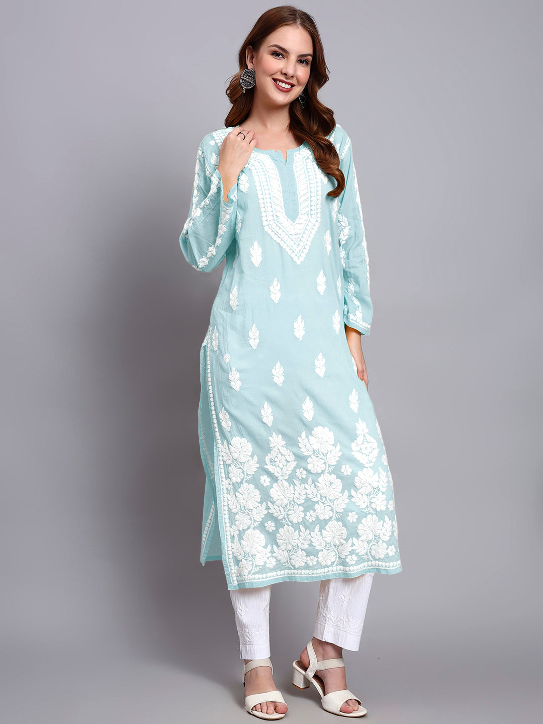 Women Hand Embroidered Chikankari Mulmul Kurti -AL3723 Seagreen
