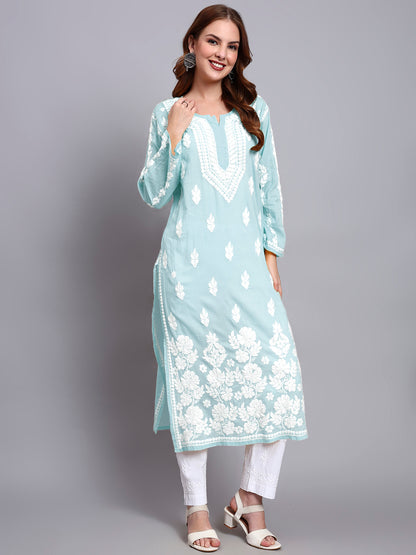 Women Hand Embroidered Chikankari Mulmul Kurti -AL3723 Seagreen