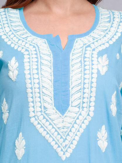 Women Hand Embroidered Chikankari Mulmul Kurti -AL3723 Blue