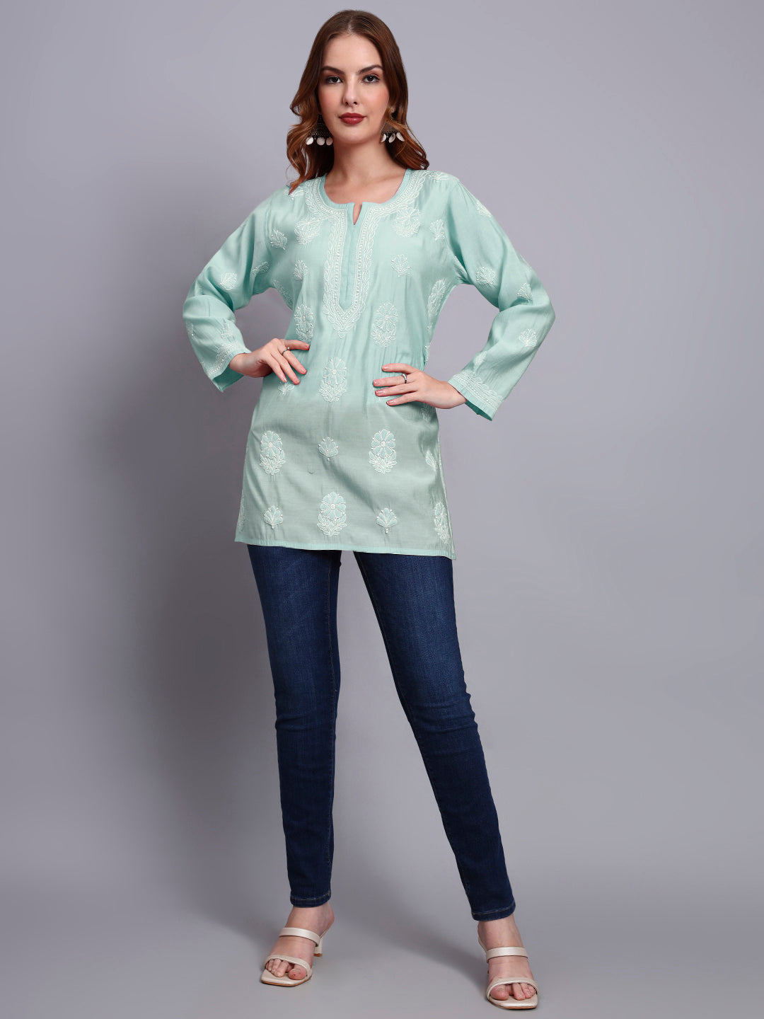 Women Hand Embroidered Chikankari Chanderi Short Kurti-AL4090 Sea Green