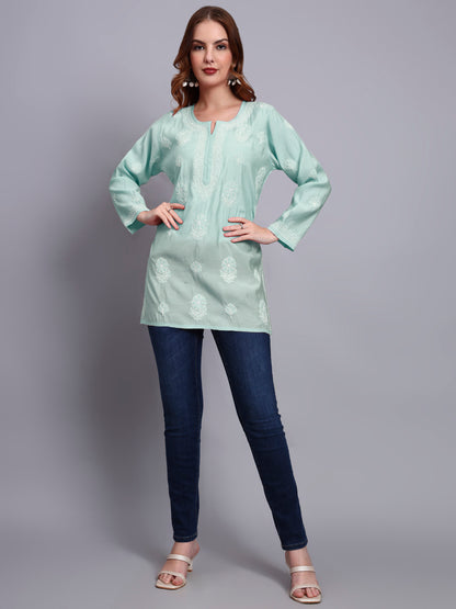 Women Hand Embroidered Chikankari Chanderi Short Kurti-AL4090 Sea Green