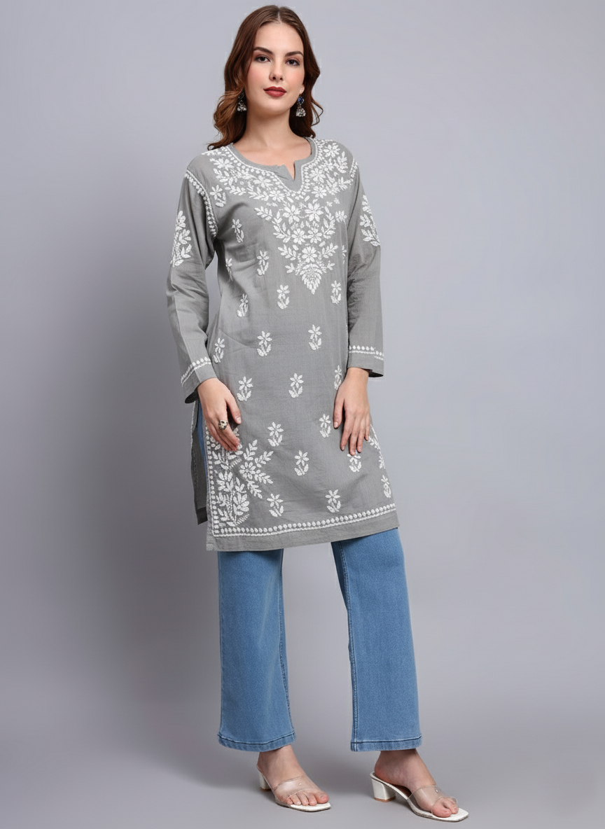 Women Hand Embroidered Chikankari Cotton Kurti -AL3685 Grey