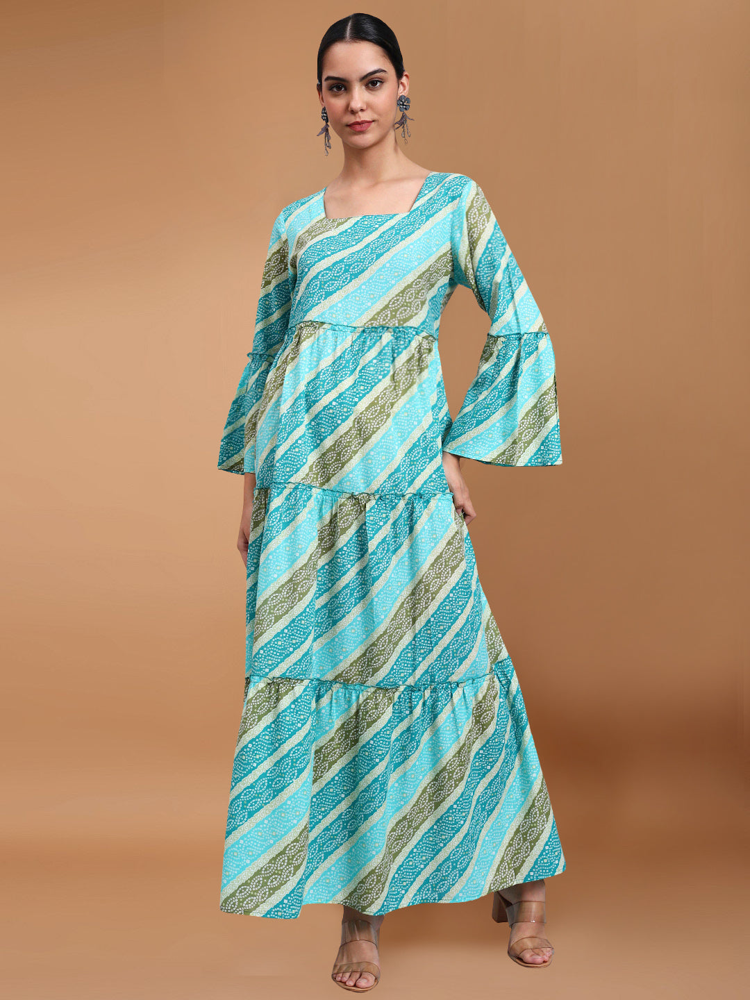 Women Printed Cotton Jalabiya with Bell Sleeves & Square Neckline-AL4050 Seagreen