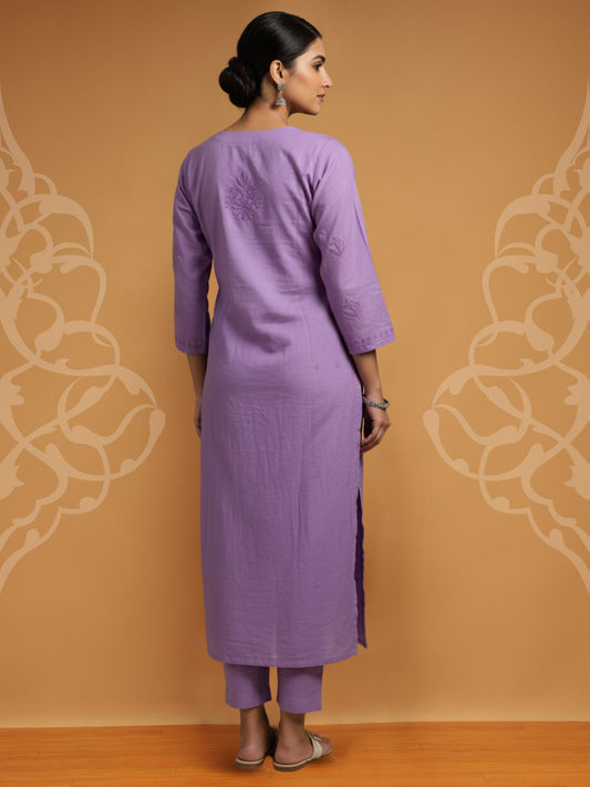 Women Hand Embroidered Chikankari Muslin Kurta Set-AL4104KS Purple