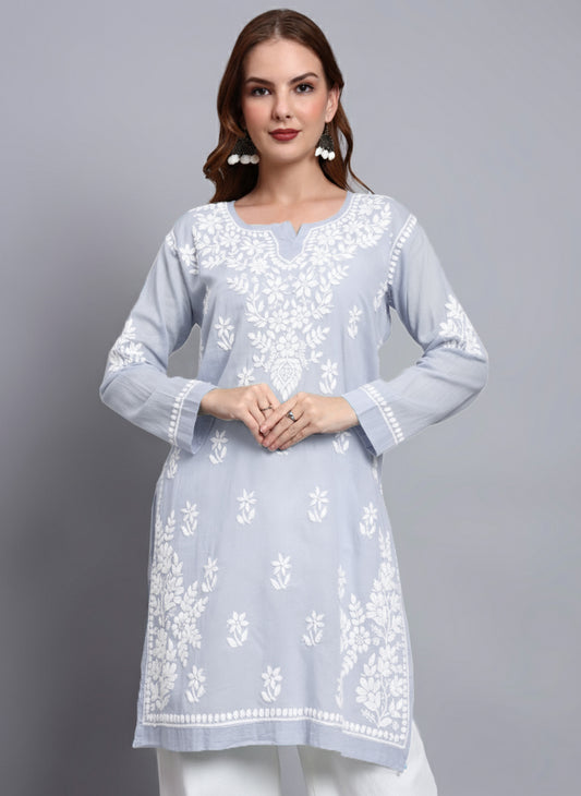 Women Hand Embroidered Chikankari Cotton Kurti -AL3685 Lavender