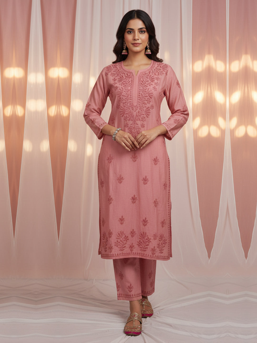 Women Hand Embroidered Chikankari Chanderi Kurta Set-AL4106KS Rust