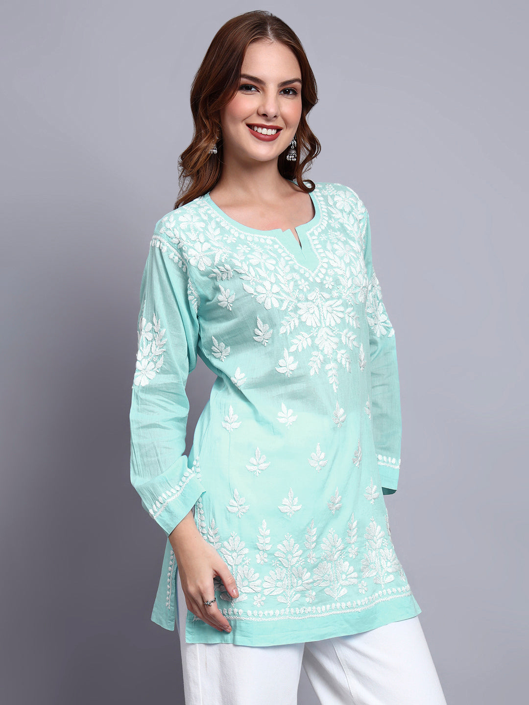 Women Hand Embroidered Chikankari Mulmul Short Top -AL3724 Seagreen