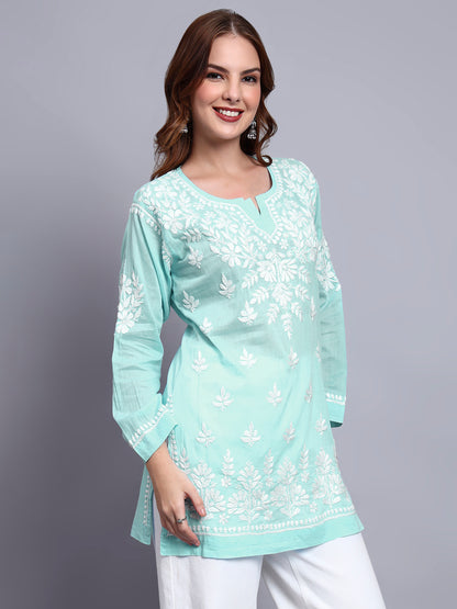 Women Hand Embroidered Chikankari Mulmul Short Top -AL3724 Seagreen