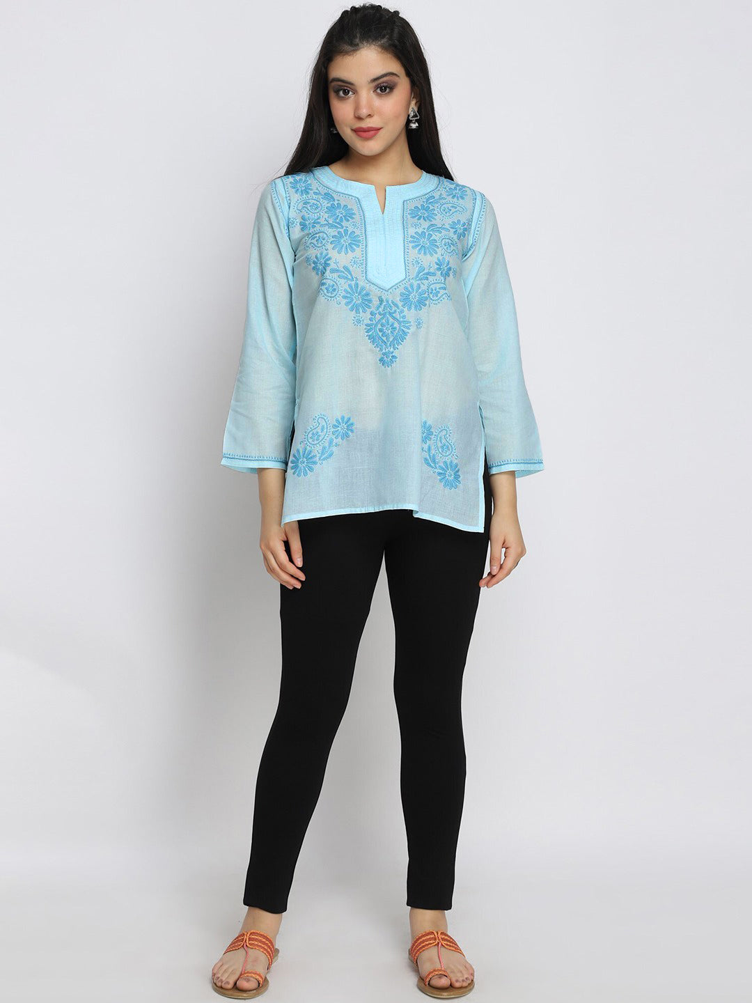 Hand Embroidered Chikankari Cotton Straight Kurti-AL3405 Skyblue