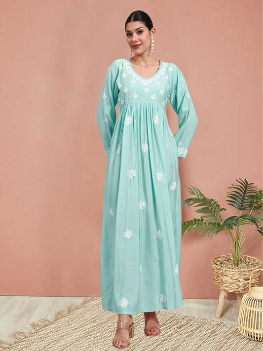 Hand Embroidered Chikankari Chanderi Jalabiya-AL4087 Seagreen