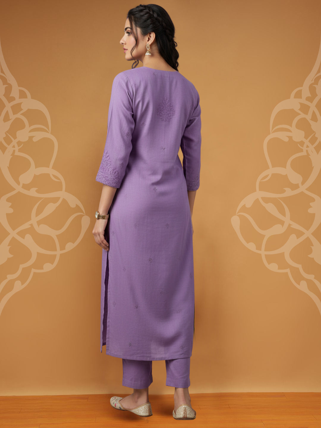 Women Hand Embroidered Chikankari Muslin Kurta Set-AL4104KS Purple