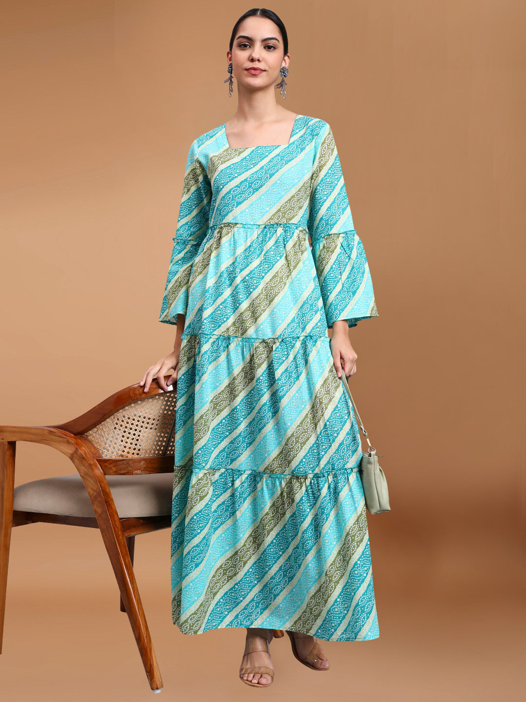 Women Printed Cotton Jalabiya with Bell Sleeves & Square Neckline-AL4050 Seagreen