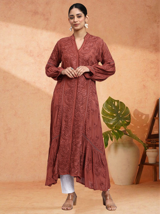 Hand Embroidered Chikankari Muslin Kurta-AL4100 Brown