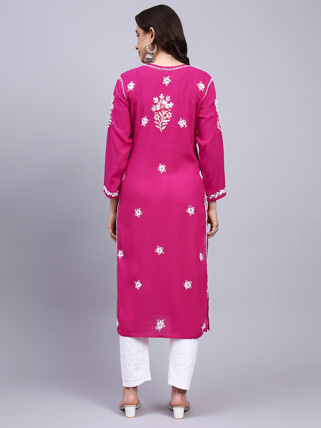 Women Hand Embroidered Chikankari Modal Kurta-AL4059 Magenta