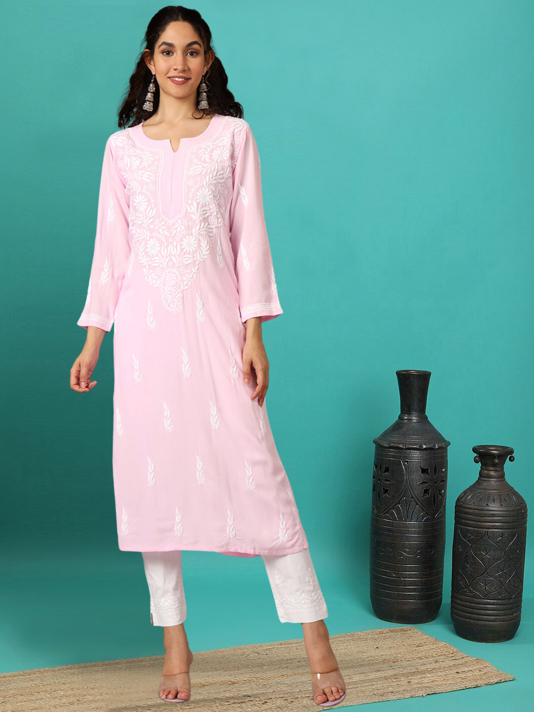 Hand Embroidered Chikankari Rayon Straight Kurta-AL3451 Pink
