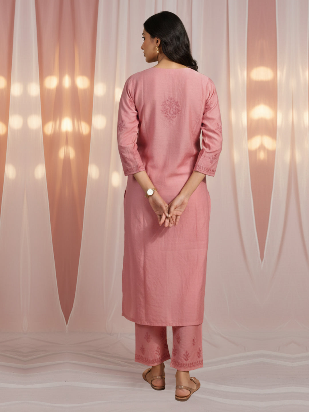 Women Hand Embroidered Chikankari Chanderi Kurta Set-AL4106KS Rust