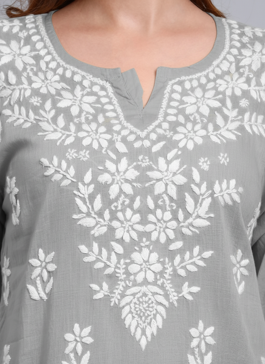 Women Hand Embroidered Chikankari Cotton Kurti -AL3685 Grey