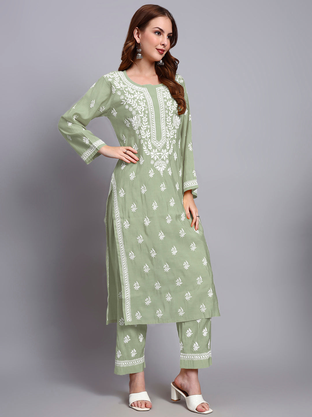 Women Hand Embroidered Chikankari Chanderi Kurta Set-AL4089KS Green