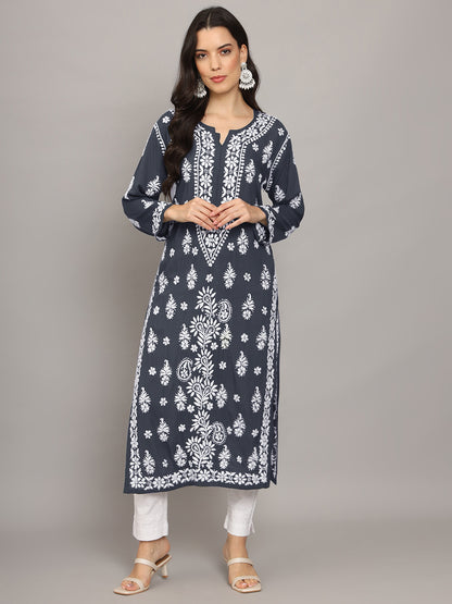 Women Hand Embroidered Chikankari Modal Straight Kurta-AL4042 Grey