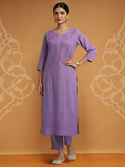 Women Hand Embroidered Chikankari Muslin Kurta Set-AL4104KS Purple