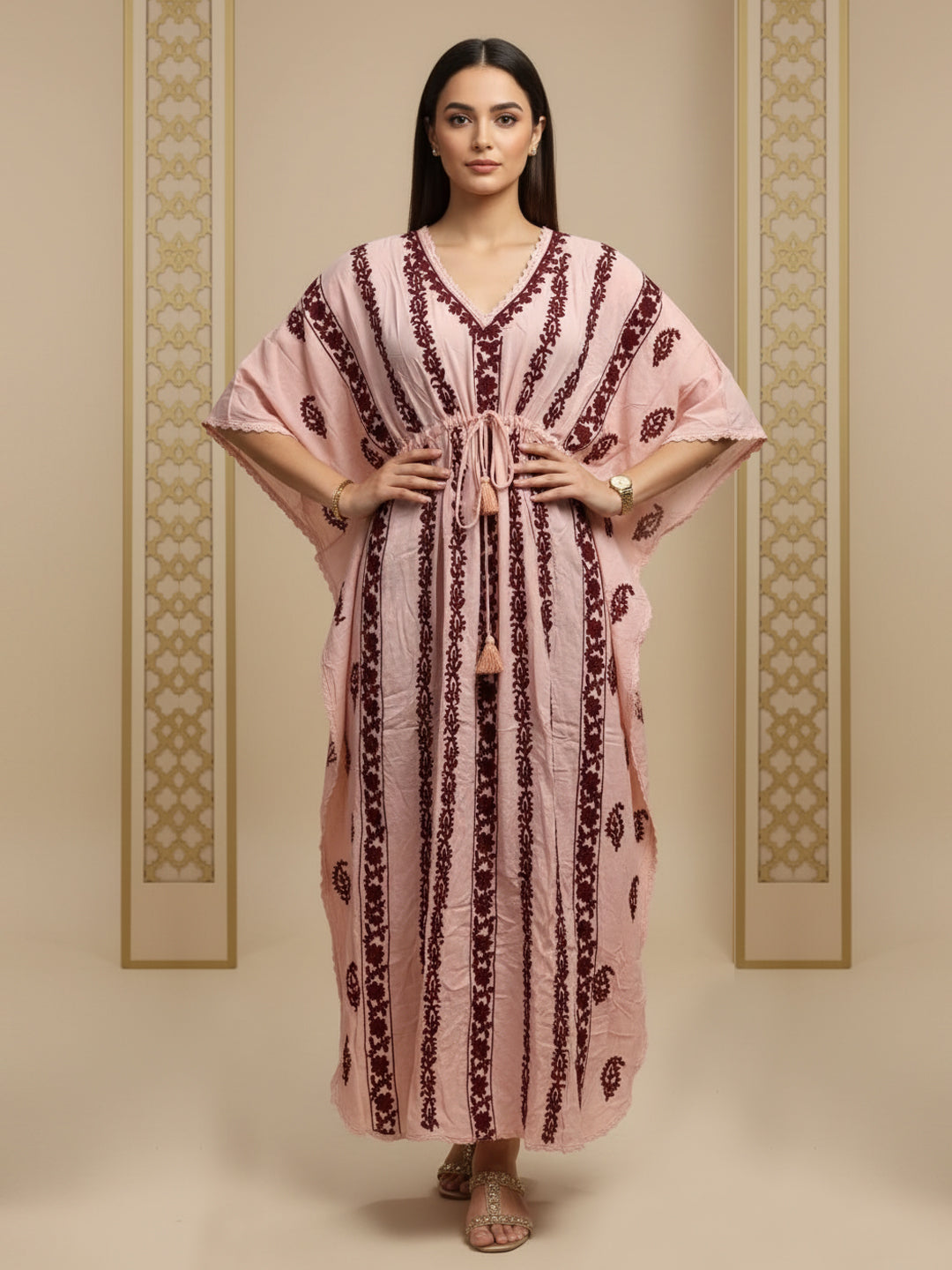 Hand Embroidered Chikankari Rayon Kaftan-AL3474 Maroon