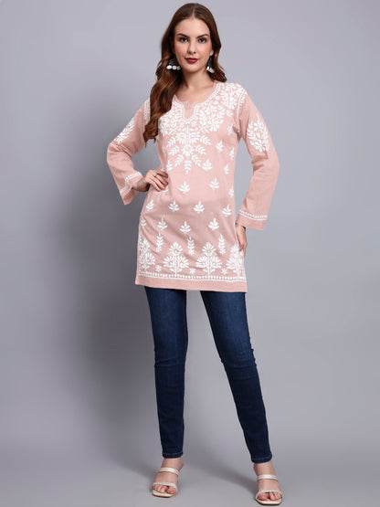 Women Hand Embroidered Chikankari Mulmul Short Top -AL3724 Peach