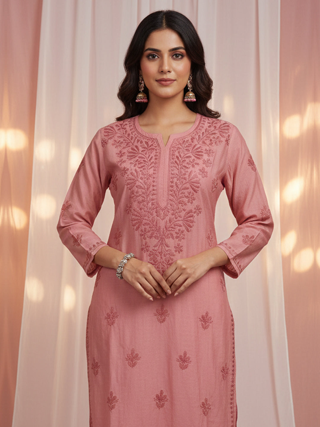 Women Hand Embroidered Chikankari Chanderi Kurta Set-AL4106KS Rust