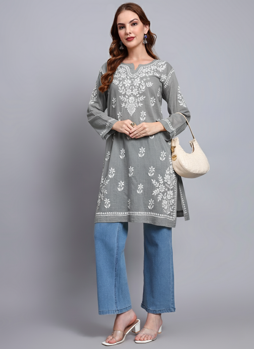 Women Hand Embroidered Chikankari Cotton Kurti -AL3685 Grey