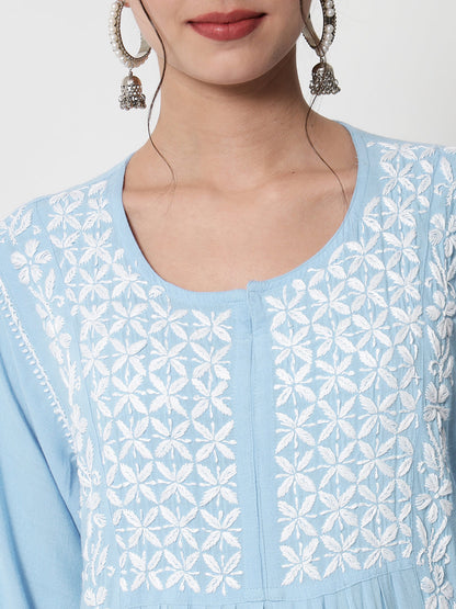 Women Hand Embroidered Chikankari Rayon Kurta-AL3549 Lightskyblue