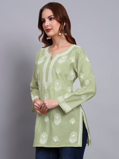 Women Hand Embroidered Chikankari Chanderi Short Kurti-AL4090 Green