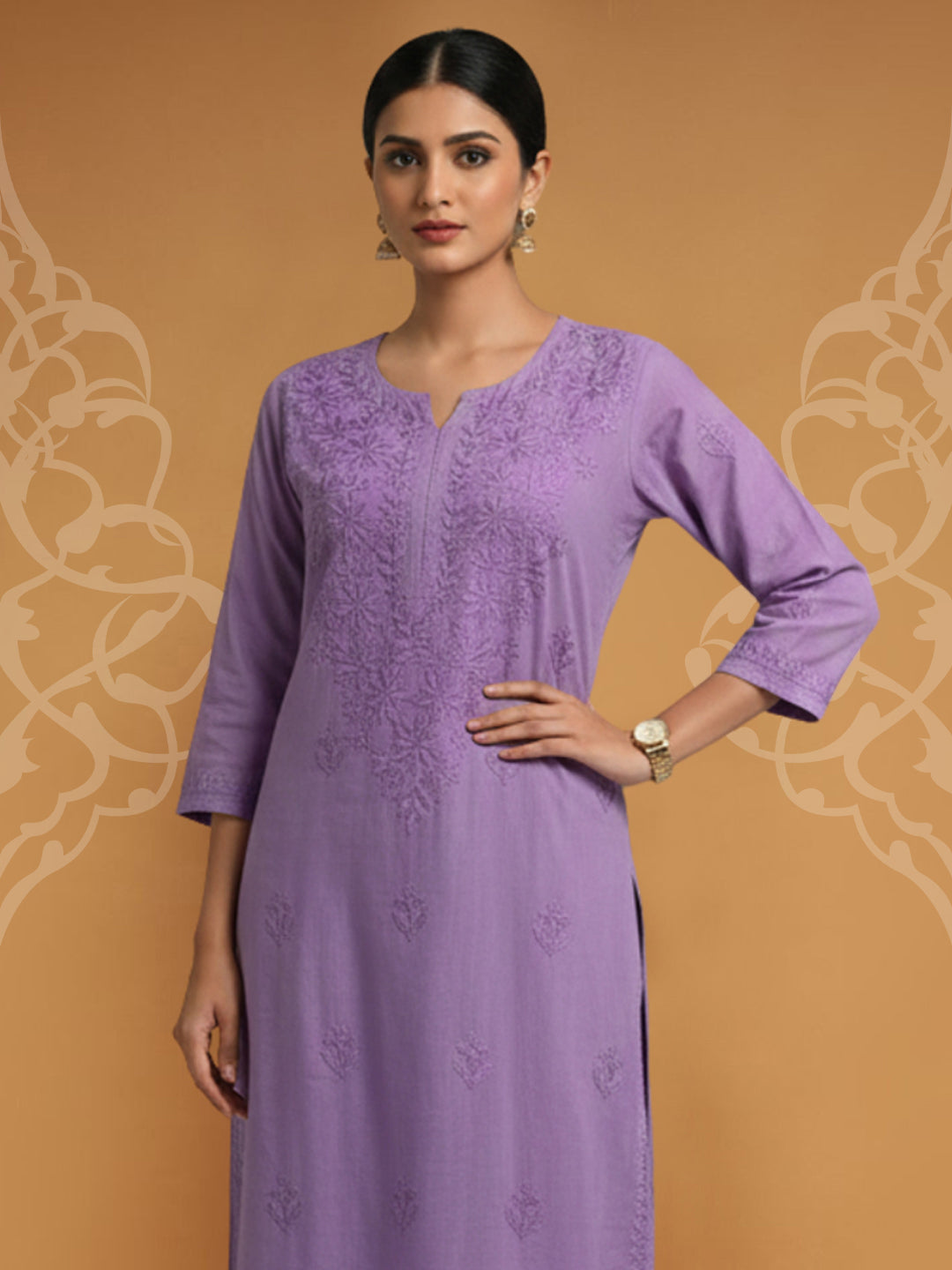 Women Hand Embroidered Chikankari Muslin Kurta Set-AL4104KS Purple