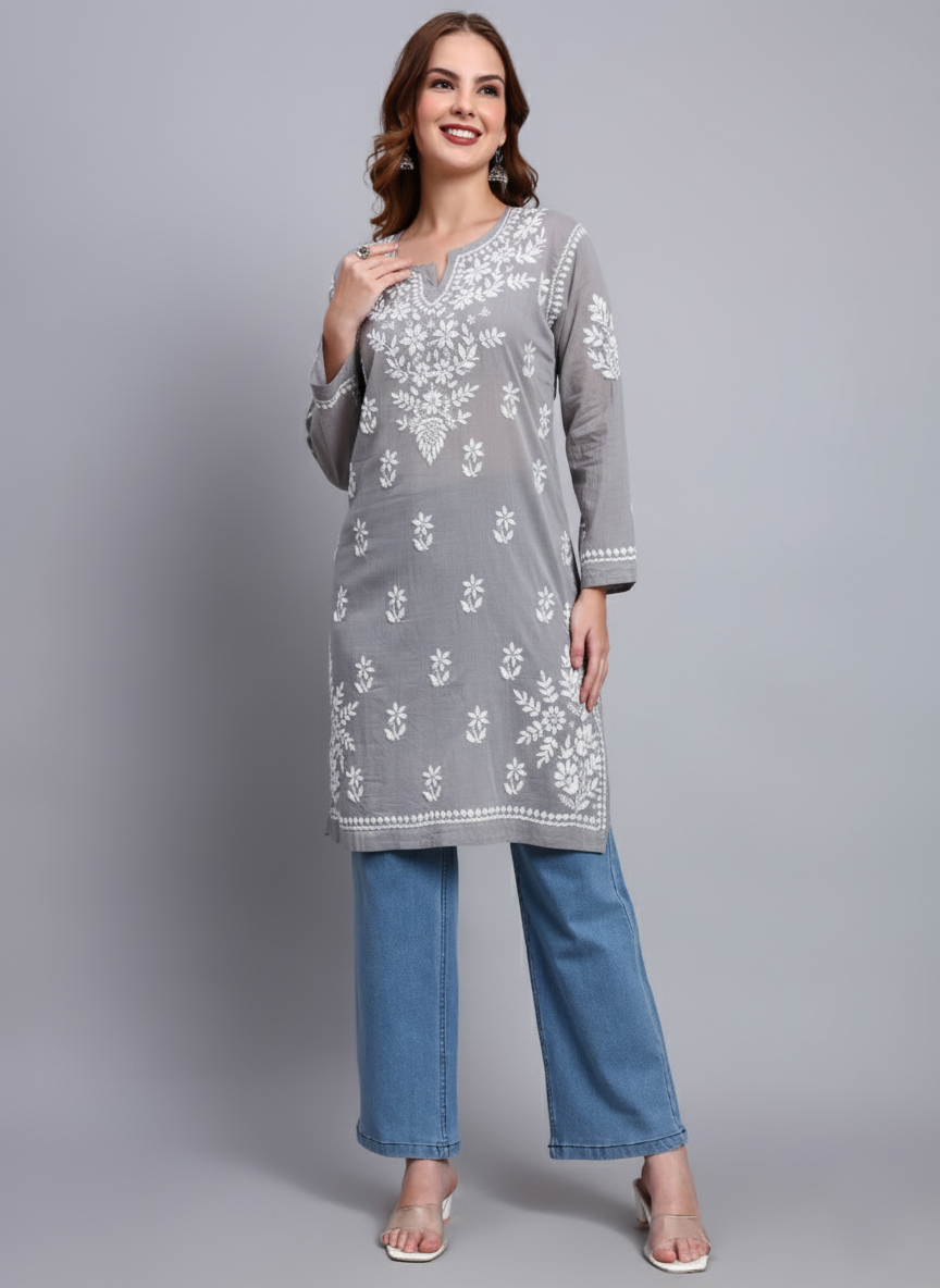Women Hand Embroidered Chikankari Cotton Kurti -AL3685 Grey