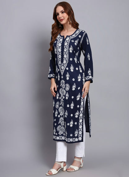 Women Hand Embroidered Chikankari Modal Straight Kurta-AL4042 Navy