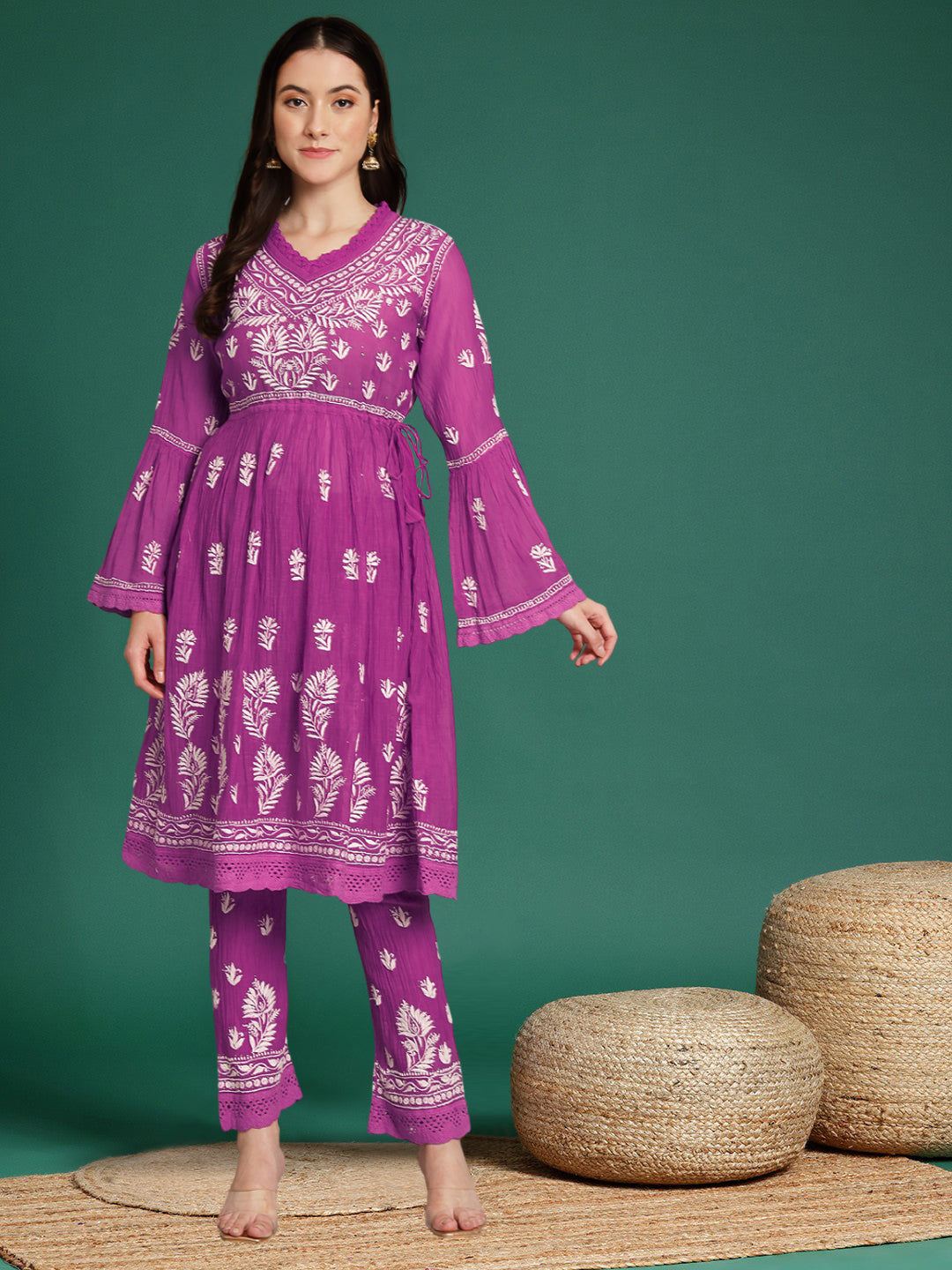 Hand Embroidered Chikankari Chanderi Cotton Frock Style Kurta Pant-AL3661KS Magenta