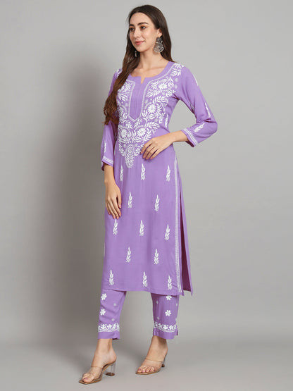 Women Hand Embroidered Chikankari Rayon Kurta set-AL3451KS Mauve